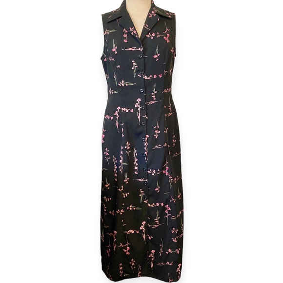 Vintage 90’s Maxi Floral Dress Black Pink Flower Button Collar Dress Barn Medium - Picture 1 of 7